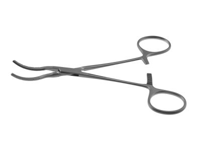 Cooley clamp, 5 1/4'',pediatric, spoon curved, 3.3cm long atraumatic jaws, ring handle