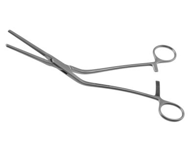 Cooley lliac clamp, 10'',angled shanks, straight, 6.0cm long atraumatic jaws, ring handle