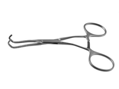 Cooley vascular anastomosis clamp, 5'',neonatal, curved shanks, angled, 2.0cm long atraumatic jaws, ring handle