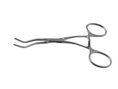 Cooley vascular carotid clamp, 5'',neonatal, curved shanks, angled, 3.8cm long atraumatic jaws, ring handle