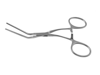Cooley vascular clamp, 5'',neonatal, curved shanks, angled, 4.0cm long atraumatic jaws, ring handle