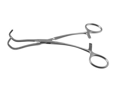Cooley-Derra anastomosis clamp, 6 1/2'',medium, angled, 2.9cm long x 11.0mm deep atraumatic jaws, ring handle