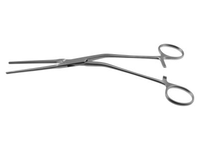 DeBakey coarctation clamp, 9'',angled shanks, straight, 5.5cm long atraumatic jaws, ring handle