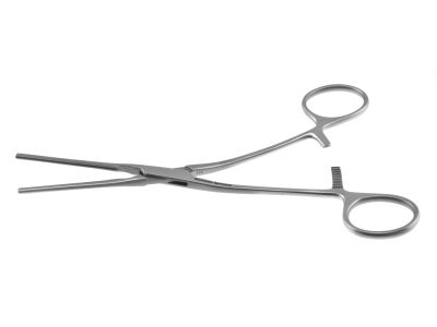 DeBakey mini coarctation clamp, 6 1/2'',angled shanks, straight, 4.5cm long atraumatic jaws, ring handle