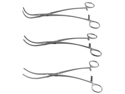 DeBakey-Bahnson clamp set - includes 9'',acute curved, 9 1/2'',medium curved, and 10'',slightly curved atraumatic jaws, ring handle (17-495, 17-496, 17-497)