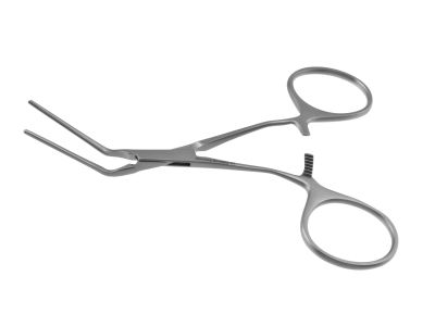 DeBakey-Castaneda clamp, 4 3/4'',curved shanks, angled 45º, 1.4mm wide atraumatic jaws, ring handle