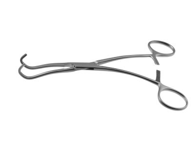 DeBakey-Derra anastomosis clamp, 6 1/2'',small, angled, 1.5cm long x 9.0mm deep atraumatic jaws, ring handle