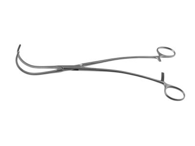 DeBakey-Semb ligature carrier clamp, 10 1/4'',curved, 5.7cm long jaws, 1.5cm long atraumatic serrations, ring handle