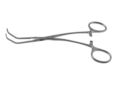 Example carotid clamp, 6'',curved shanks, angled, thin, 3.0cm long x 8.0mm deep serrated jaws, ring handle