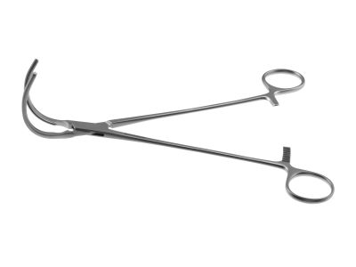 Glover clamp, 8'',long, curved right angled, 5.3cm long atraumatic jaws, ring handle