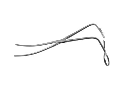 Howard-DeBakey aortic aneurysm clamp, 12 1/4'',angled shanks, curved, 10.8cm long atraumatic 1x2 teeth jaws, ring handle