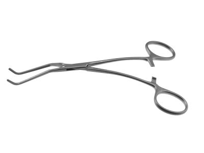 Kartchner carotid clamp, 6'',curved shanks, angled, 5.0cm long serrated jaws, ring handle