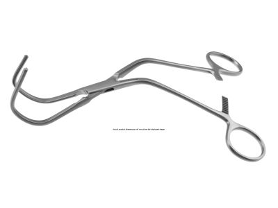 Kay aortic anastomosis clamp, 8'',angled shanks, curved, 4.5cm wide x 1.9cm deep atraumatic jaws, ring handle