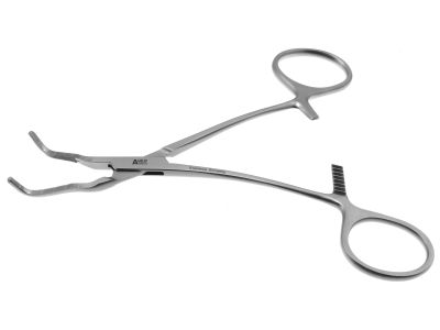Kitzmiller-Cooley clamp, 5 1/2'',angled right, 2.3cm long atraumatic jaws, ring handle