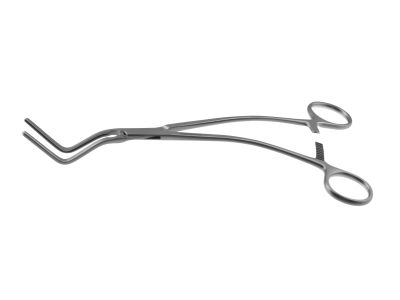 Lee bronchus clamp, 9 1/4'',curved shanks, double angled, atraumatic jaws, ring handle