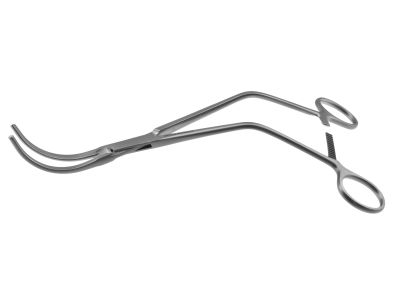 Wylie abdominal clamp, angled shanks, strongly curved, 4.0cm long atraumatic jaws, ring handle