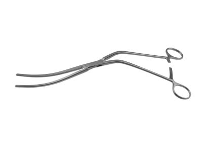 Zanger abdominal aorta clamp, 12 1/4'',curved shanks, curved, 10.5cm long atraumatic 2x3 teeth jaws, ring handle