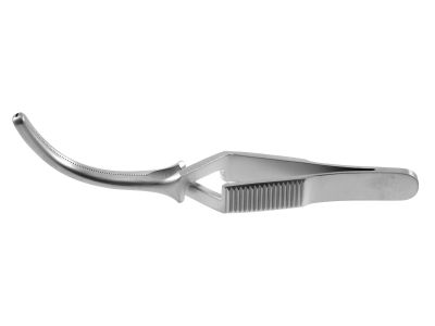 Cooley bulldog clamp, 3 1/4'',curved, 2.4cm long atraumatic jaws, cross-action handle