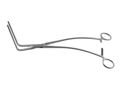 DeBakey multi-purpose clamp, 11'',angled 90º, 10.0cm long atraumatic jaws, ring handle