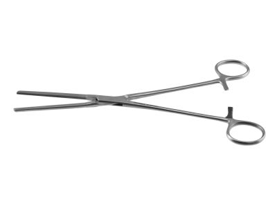 Glassman intestinal and liver holding clamp, 9 1/2'',straight, non-crushing serrated jaws, ring handle