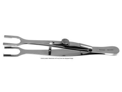 Price muscle biopsy clamp, 4 1/2'',double pronged fork tips, 15.0mm wide jaws, with slide lock