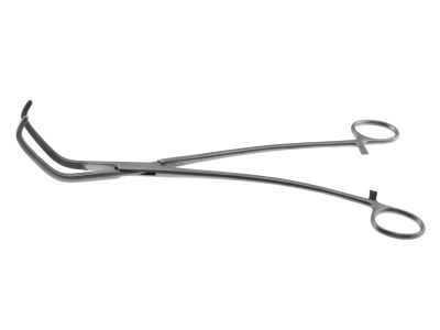 Satinsky vena cava clamp, 10 1/4'',curved shanks, angled, 4.4cm long x 1.3cm deep cross-serrated jaws, ring handle