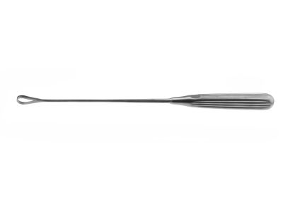 Sims uterine curette, 11'',malleable, size #5, curved, 12.0mm wide, sharp tip, brun handle