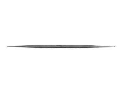 House stapes curette, 6 1/2'',double-ended, slightly angled, small, 1.0mm and 1.5mm cups, flat handle