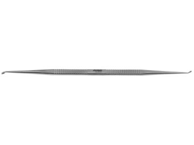 House stapes curette, 6 1/2'',double-ended, strongly angled, large, 2.0mm and 2.5mm cups, flat handle