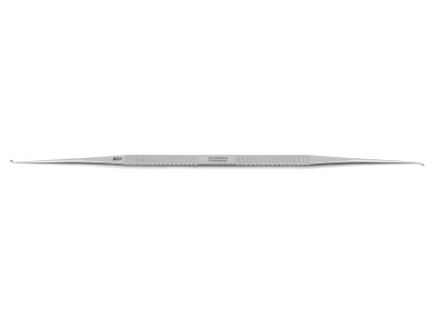 Paparella stapes curette, 6 1/4'', double-ended, angled, 0.9mm and 1.5mm wide round cups, flat handle