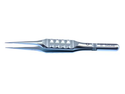 D&K Pierse fixation forceps, 3 3/8'', straight shafts, 0.3mm notched tips, 6.0mm tying platforms, flat ergonomical handle, titanium