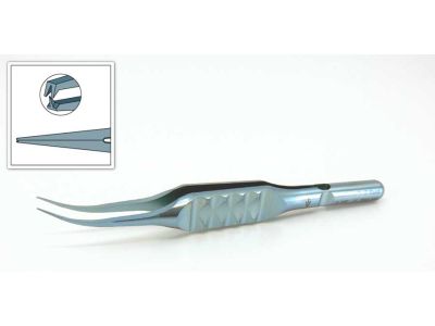 D&K Bonn suturing forceps, 3 3/8'', curved shafts, 0.12mm 1x2 teeth, 6.0mm tying platforms, flat ergonomical handle, titanium