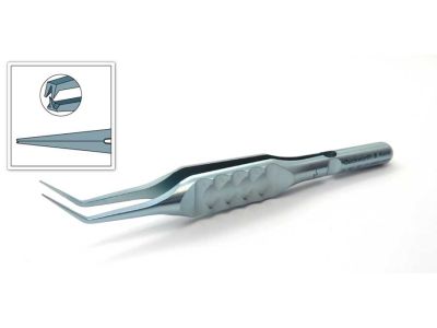 D&K McPherson suturing forceps, 3 1/2'', angled 45° shafts, 0.12mm 1x2 teeth, 6.0mm tying platforms, 10.0mm bend to tip, flat handle, titanium