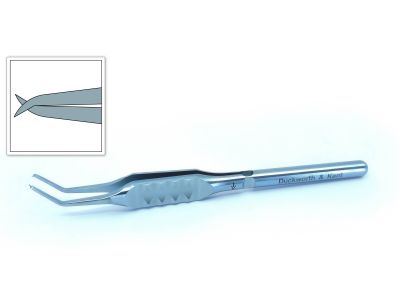 D&K Troutman superior rectus forceps, 4 1/2'', angled 45º shafts, 10.0mm from bend to tip, 0.5mm 1x2 teeth, flat ergonomical handle, titanium