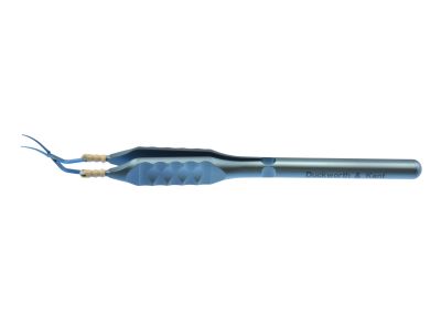 D&K Mackool-Inamura capsulorhexis forceps, 4 1/2'', vaulted shafts, 1.5mm diameter shaft at pivot box, 11.0mm tip to pivot, blunt serrated interlocking tips, flat ergonomic handle, titanium