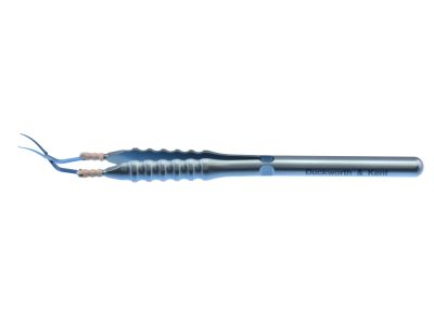 D&K Mackool-Inamura capsulorhexis forceps, 4 1/2'', vaulted shafts, tips angled 45° from shaft, 1.5mm diameter shaft at pivot box, 11.0mm tip to pivot, blunt serrated interlocking tips, round ergonomical handle, titanium