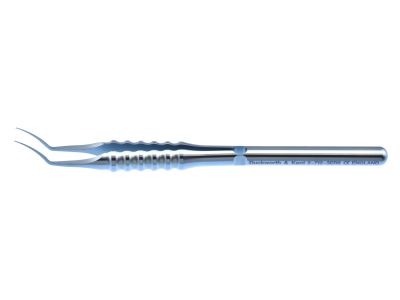 D&K Utrata capsulorhexis forceps, 4 1/4'', vaulted shafts, 13.0mm from bend to tip, utrata-style tips, marks on shaft at 2.5mm and 5.0mm denote desired size of capsulorhexis, round ergonomical handle, titanium