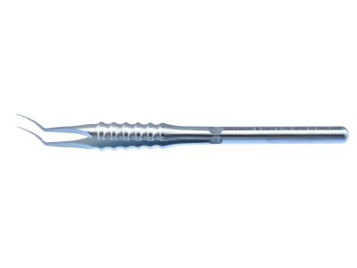 D&K Utrata capsulorhexis forceps, 4 1/4'', vaulted shafts, 13.0mm from bend to tip, utrata-style tips, 1.0mm increment markings along shaft, round ergonomical handle, titanium