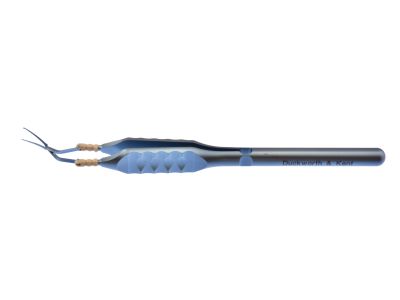 D&K Calladine-Inamura capsulorhexis forceps for scleral tunnel incision, 4 1/2'', vaulted shafts, tips angled 45º to handle, 1.5mm diameter shaft at pivot box, 11.0mm tip to pivot, pointed serrated interlocking tips, marks on shaft at 2.5mm and 5.0mm 