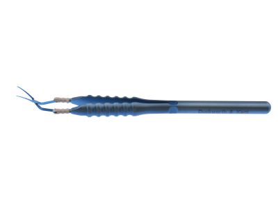 D&K Calladine-Inamura capsulorhexis forceps for scleral tunnel incision, 4 1/2'', vaulted shafts, tips angled 45º to handle, 11.0mm tip to pivot, sharp serrated interlocking tips, marks on shaft at 2.5mm and 5.0mm denote desired size of capsulorhexis