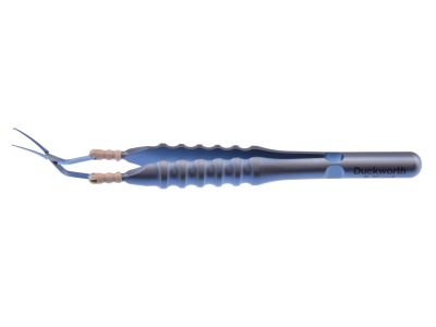 D&K Calladine-Inamura capsulorhexis forceps for scleral tunnel incision, 3 1/2'', vaulted shafts, tips angled 45º to handle, 1.5mm diameter shaft at pivot box, 11.0mm tip to pivot, pointed serrated interlocking tips, marks on shaf