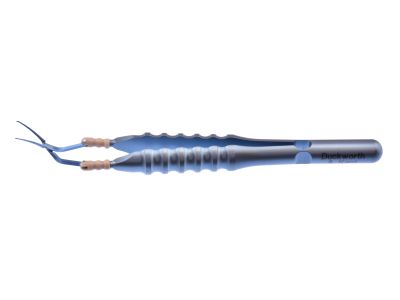 D&K Calladine-Inamura capsulorhexis forceps for scleral tunnel incision, 3 1/2'', vaulted shafts, tips angled 45º to handle, 1.5mm diameter shaft at pivot box, 10.0mm tip to pivot, pointed serrated interlocking tips, marks on shaf