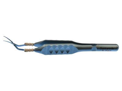 D&K Calladine-Inamura capsulorhexis forceps for scleral tunnel incision, 3 1/2'', vaulted shafts, tips angled 45º to handle, 1.5mm diameter shaft at pivot box, 10.0mm tip to pivot, pointed serrated interlocking tips, marks on shaft at 2.5mm and 5.0mm