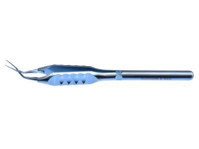 D&K Inamura capsulorhexis forceps, 4 1/4'', vaulted shafts, tips angled 45° from shaft, 10.5mm tip to pivot, pointed serrated interlocking tips, marks on shaft at 2.5mm and 5.0mm, flat ergonomical handle, titanium