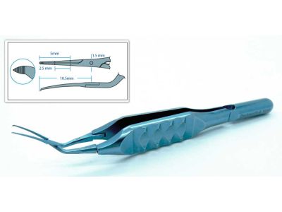 D&K Inamura capsulorhexis forceps, 3 1/4'', vaulted shafts, tips angled 45° from shaft, 10.5mm tip to pivot, pointed serrated interlocking tips, marks on shaft at 2.5mm and 5.0mm, flat ergonomical handle, titanium