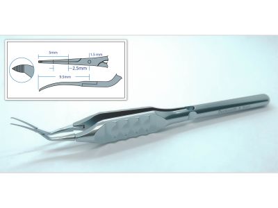 D&K Inamura capsulorhexis forceps, 4 1/4'', vaulted shafts, tips angled 45° from shaft, 1.5mm diameter shaft at pivot box, 9.5mm tip to pivot point, sharp pointed serrated tips, flat ergonomical handle, titanium