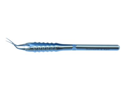 D&K Inamura capsulorhexis forceps, 4 1/4'', vaulted shafts, tips angled 45° from shaft, 10.5mm tip to pivot, pointed serrated interlocking tips, marks on shaft at 2.5mm and 5.0mm, round ergonomical handle, titanium