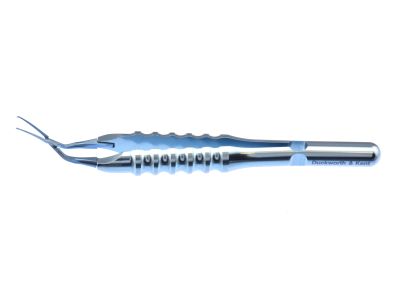 D&K Inamura capsulorhexis forceps, 3 1/4'', vaulted shafts, tips angled 45° from shaft, 10.5mm tip to pivot, pointed serrated interlocking tips, marks on shaft at 2.5mm and 5.0mm, round ergonomical handle, titanium