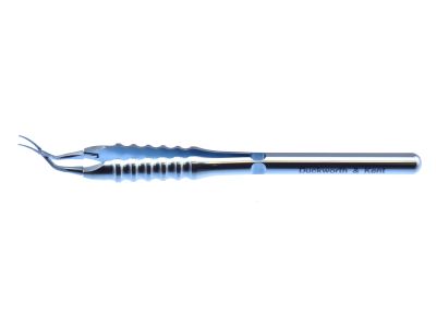 D&K Inamura capsulorhexis forceps, 4 1/4'', vaulted shaft, tips angled 45° from shaft, 1.5mm diameter shaft at pivot box, 8.5mm tip to pivot point, sharp serrated tips, round handle, titanium