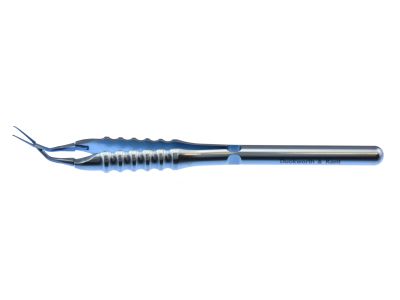 D&K Inamura capsulorhexis forceps, 4 1/4'', angled 45° shafts, 9.5mm tip to pivot, sharp pointed serrated tips, marks on shaft at 2.5mm and 5.0mm, round handle, titanium